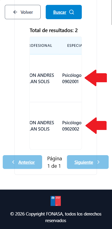 Selección del código de prestación FONASA