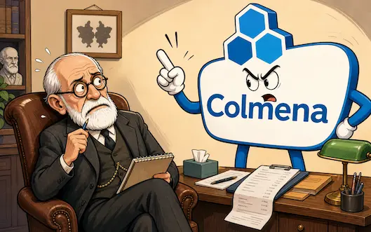 Caricatura de Freud siendo retado por el logo de Colmena